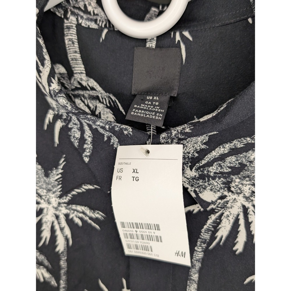 H&M Button Up Shirt Men's XL Black White Palm Print Collared Long Sleeve NEW - Picture 6 of 8